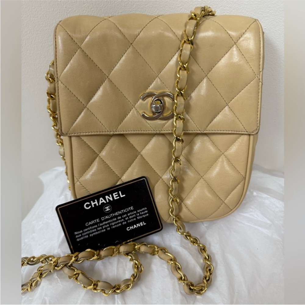 Chanel Tan Quilted Crossbody Bag with Gold Chain